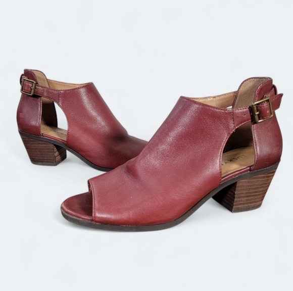 Lucky Brand Barimo Burgundy Leather Ankle Boots Size 7.5 Cutout Peep Toe - Picture 1 of 16